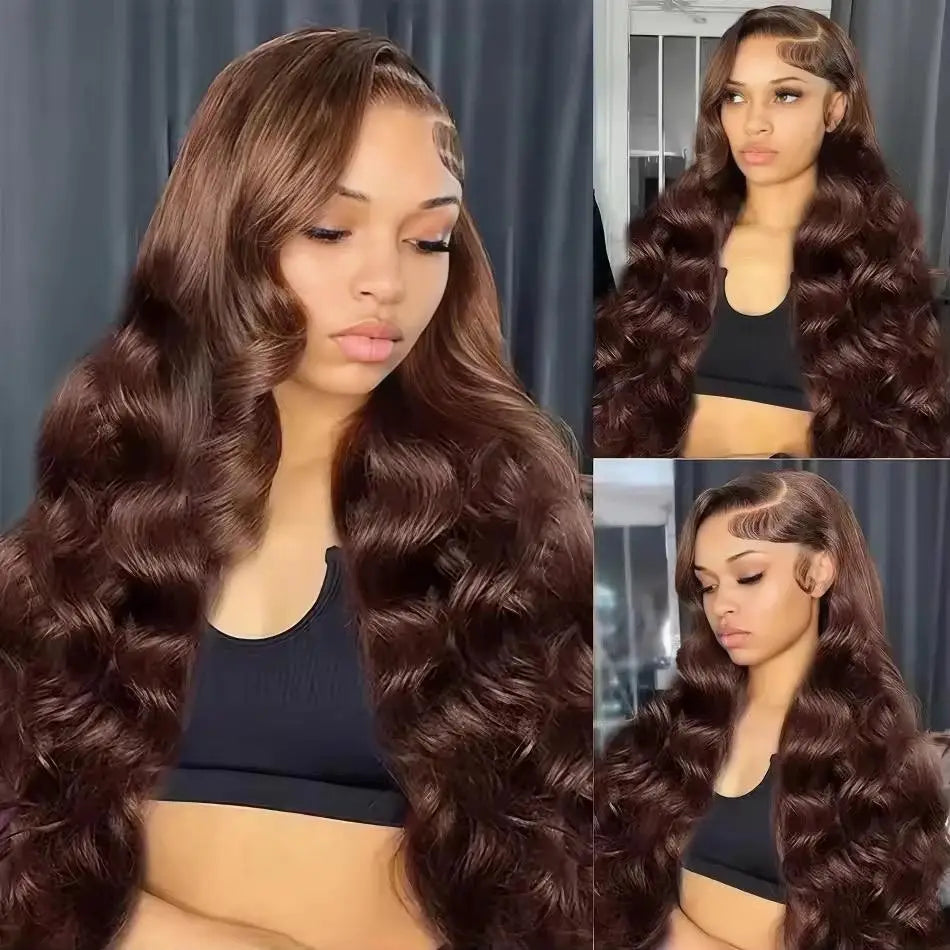 Chocolate Brown Body Wave Wig 100% Brazilian Human Hair HD Lace Front Pre Plucked