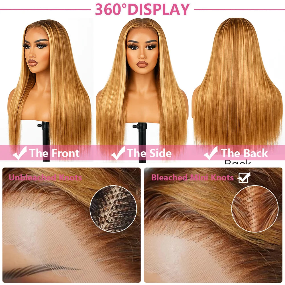 Highlight Bone Straight Ombre Honey Blonde HD Lace Front Human Hair Wig