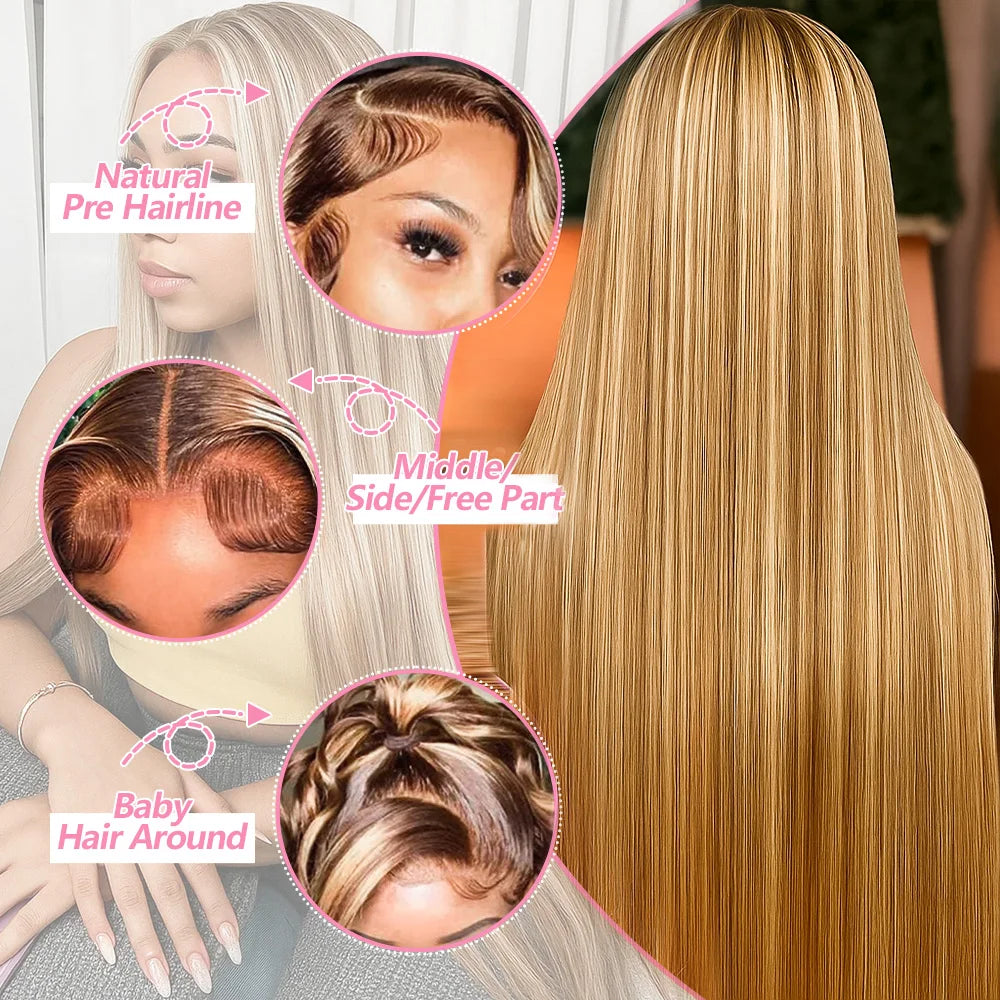 Highlight Bone Straight Ombre Honey Blonde HD Lace Front Human Hair Wig