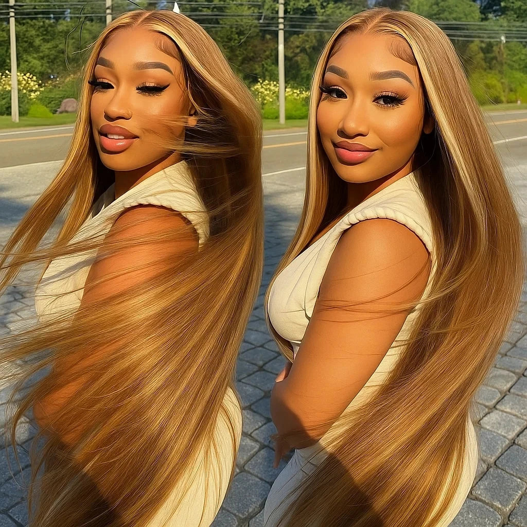 Highlight Bone Straight Ombre Honey Blonde HD Lace Front Human Hair Wig