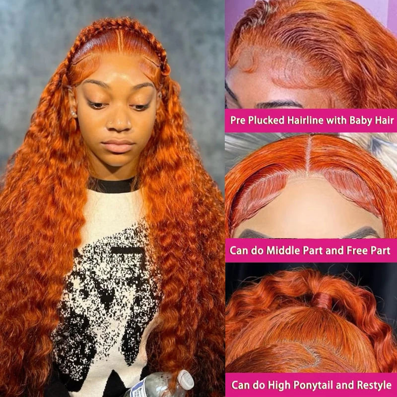 Ginger Water Wave Wig Soft Deep Curly 100% Human Hair HD Lace Front