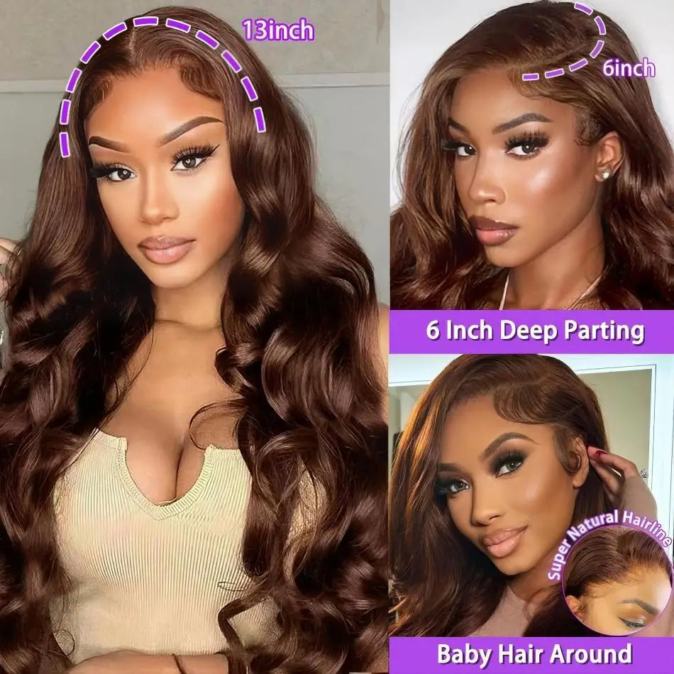Chocolate Brown Body Wave Wig 100% Brazilian Human Hair HD Lace Front Pre Plucked
