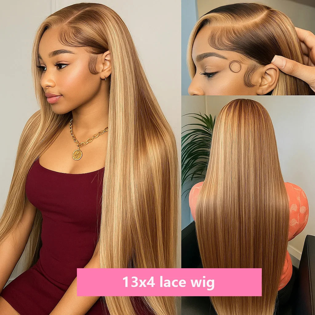 Highlight Bone Straight Ombre Honey Blonde HD Lace Front Human Hair Wig