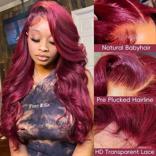 99J Burgundy Body Wave Wig HD Lace Front Pre Plucked 100% Human Hair