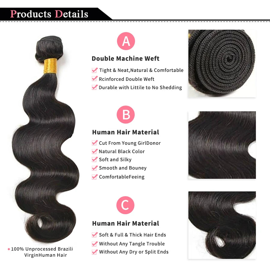 Body Wave Bundles 100% Human Hair Natural Black Brazilian Hair Extensions