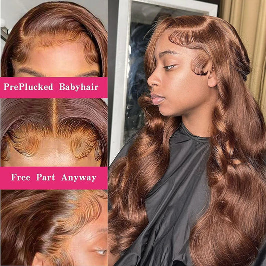 Chocolate Brown Body Wave Wig 100% Brazilian Human Hair HD Lace Front Pre Plucked