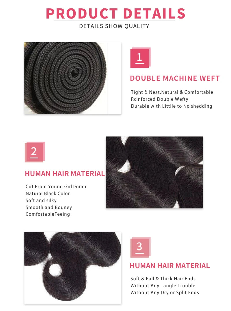 Body Wave Bundles 100% Human Hair Natural Black Brazilian Hair Extensions
