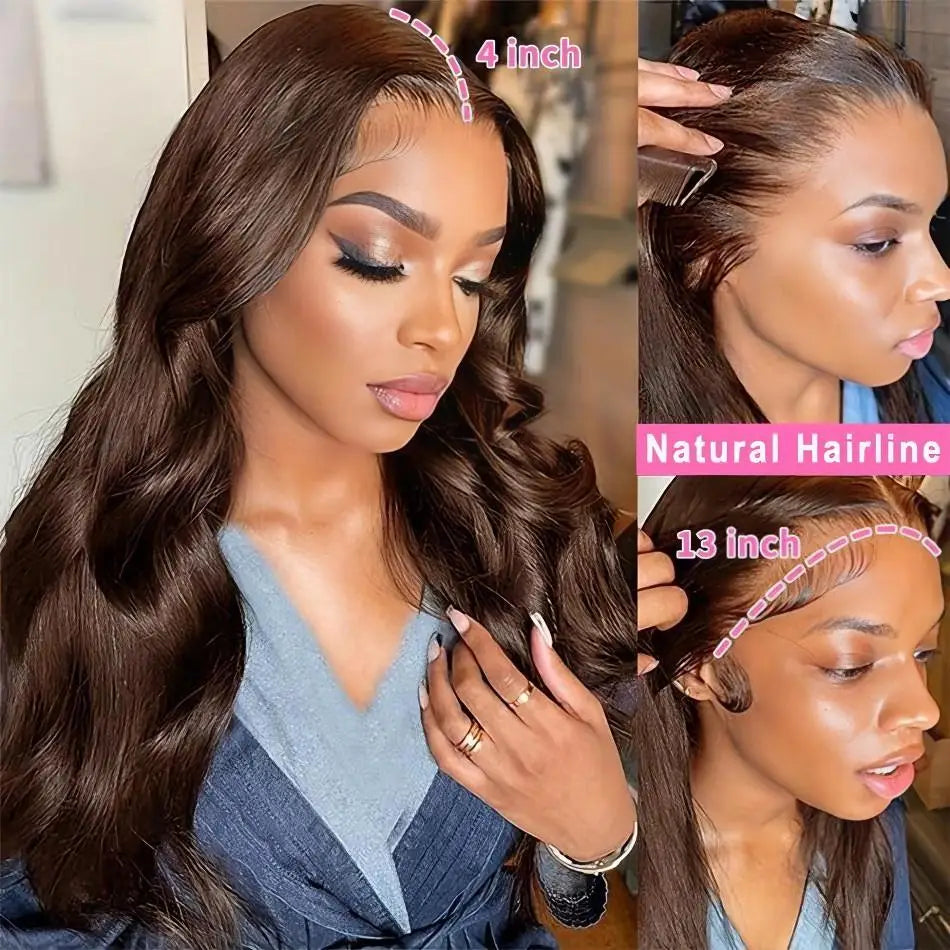 Chocolate Brown Body Wave Wig 100% Brazilian Human Hair HD Lace Front Pre Plucked