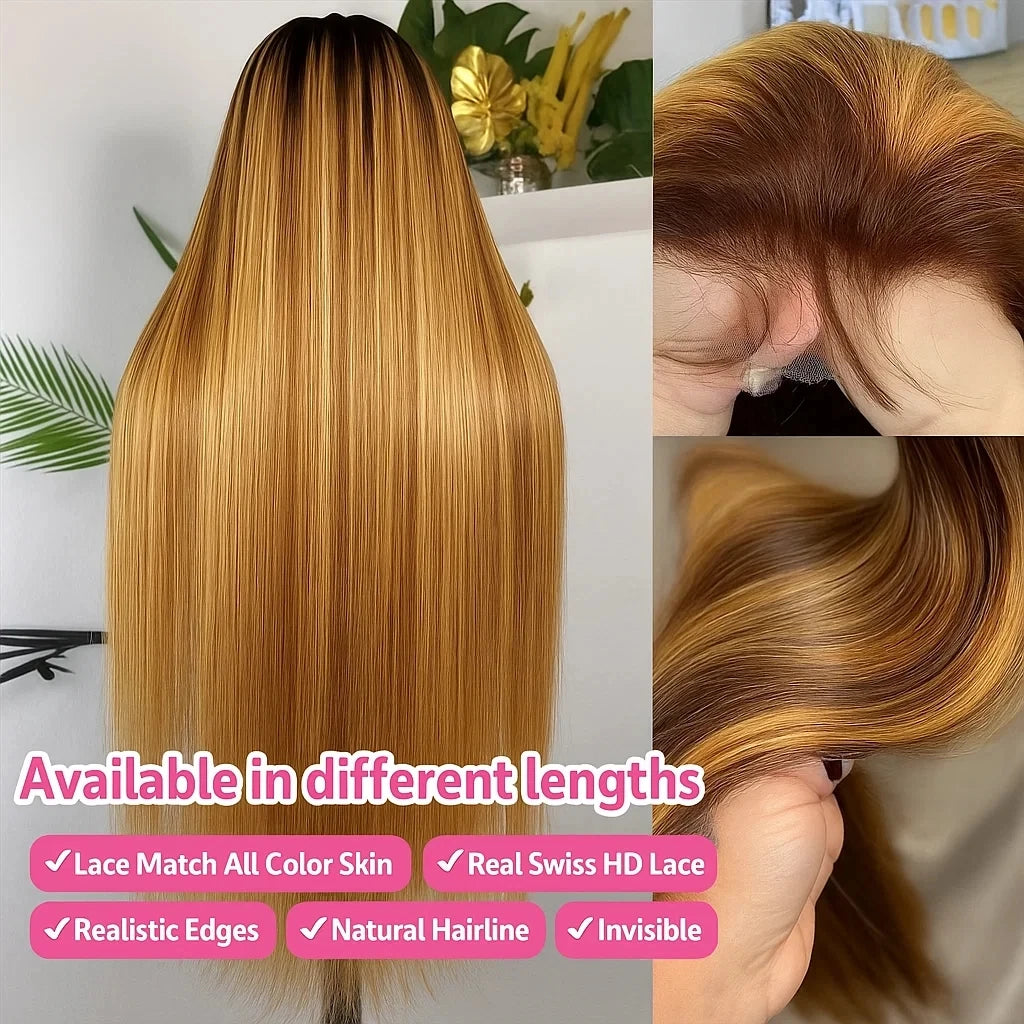 Highlight Bone Straight Ombre Honey Blonde HD Lace Front Human Hair Wig