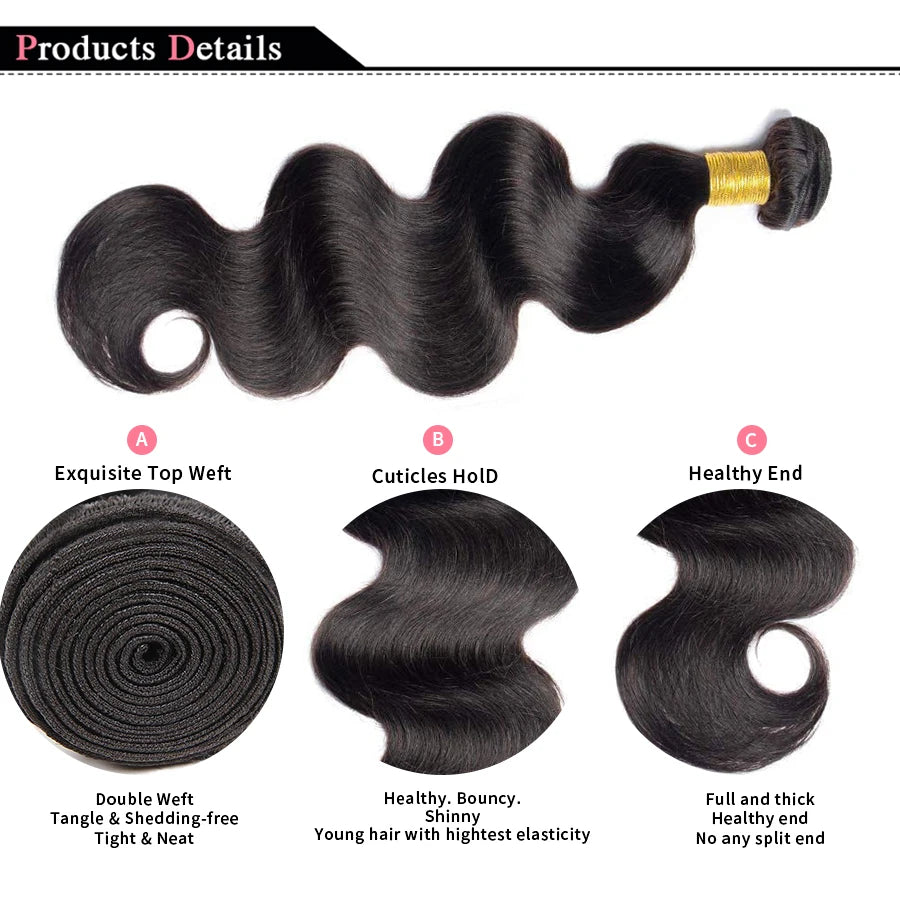 Body Wave Bundles 100% Human Hair Natural Black Brazilian Hair Extensions