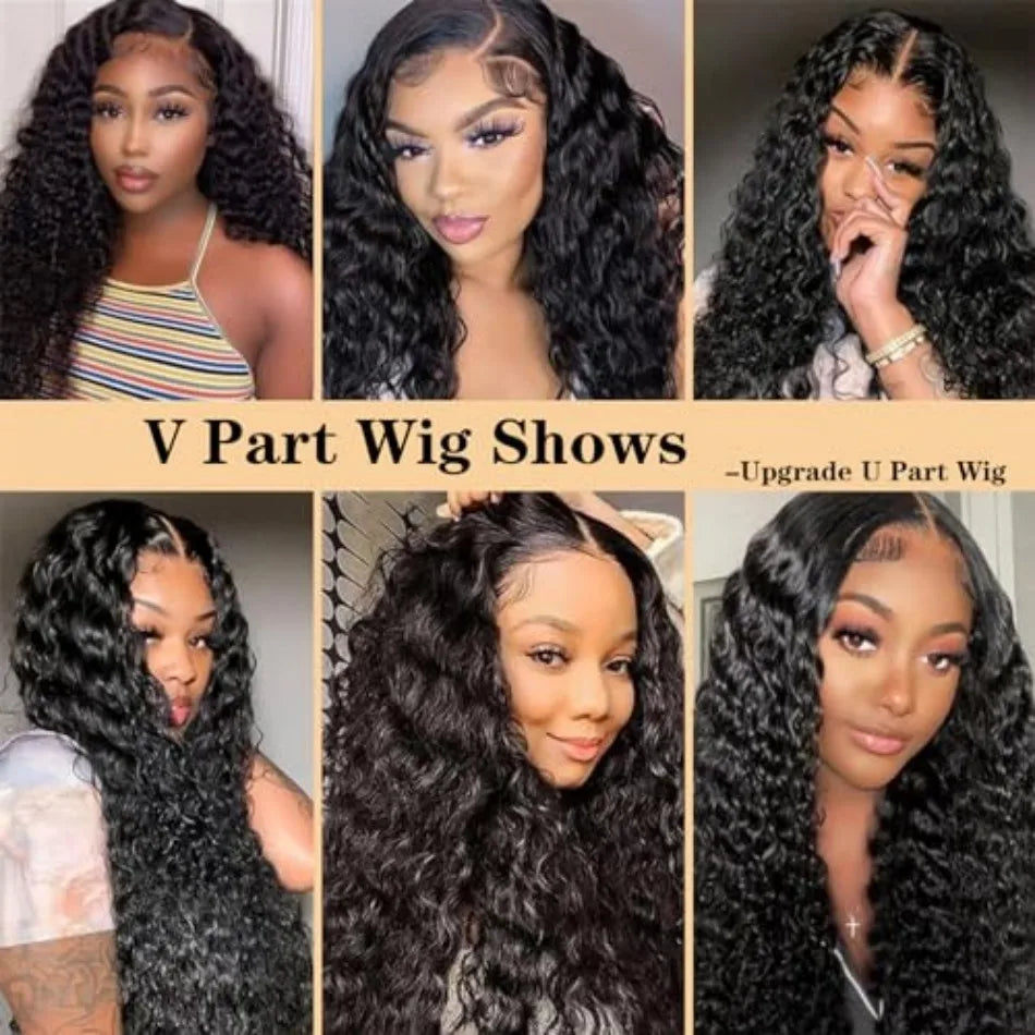Curly V Part Wig 100% Brazilian Virgin Human Hair Glueless Natural Black