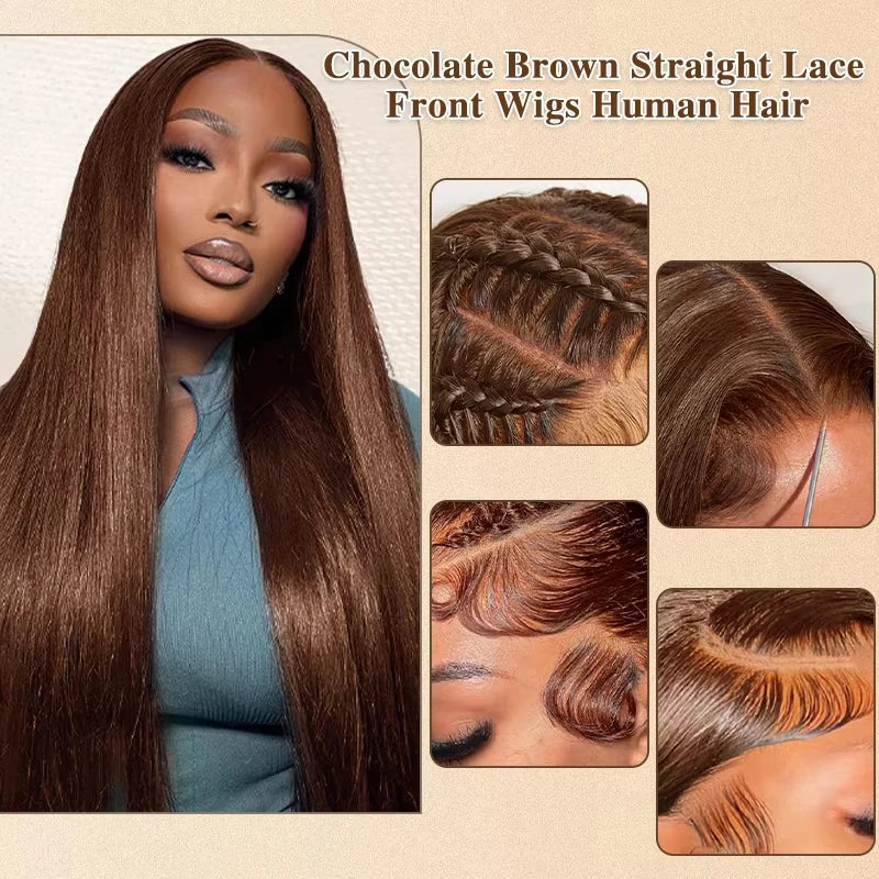 Chocolate Brown Bone Straight Wig – Sleek, Natural & 100% Human Hair HD Lace Front