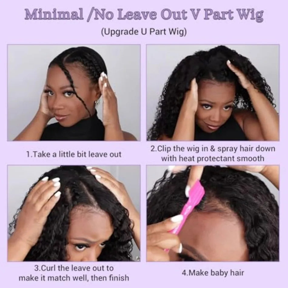 Curly V Part Wig 100% Brazilian Virgin Human Hair Glueless Natural Black