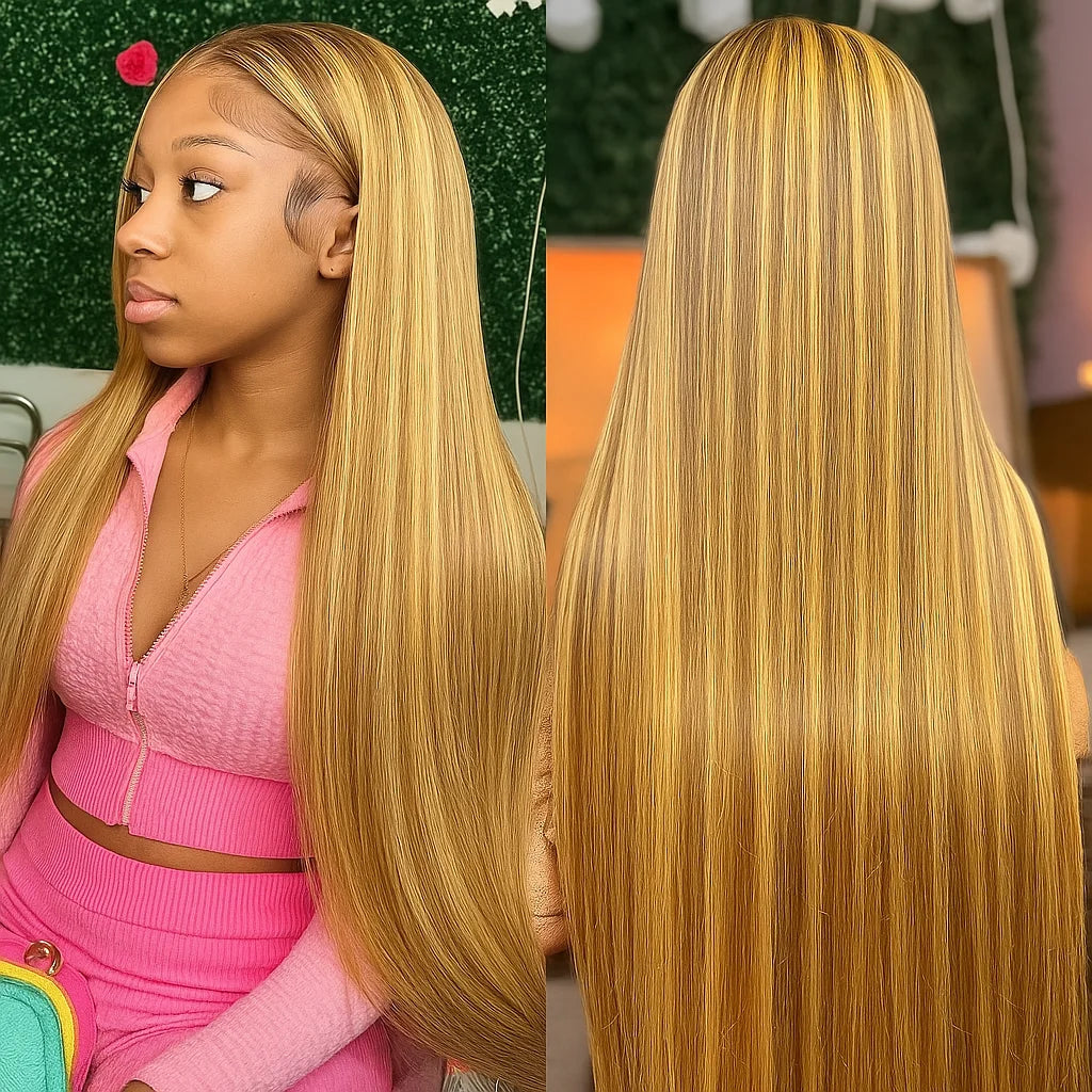 Highlight Bone Straight Ombre Honey Blonde HD Lace Front Human Hair Wig