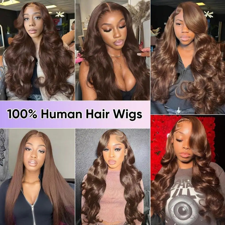 Chocolate Brown Body Wave Wig 100% Brazilian Human Hair HD Lace Front Pre Plucked