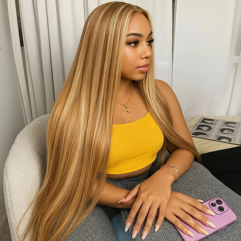 Highlight Bone Straight Ombre Honey Blonde HD Lace Front Human Hair Wig