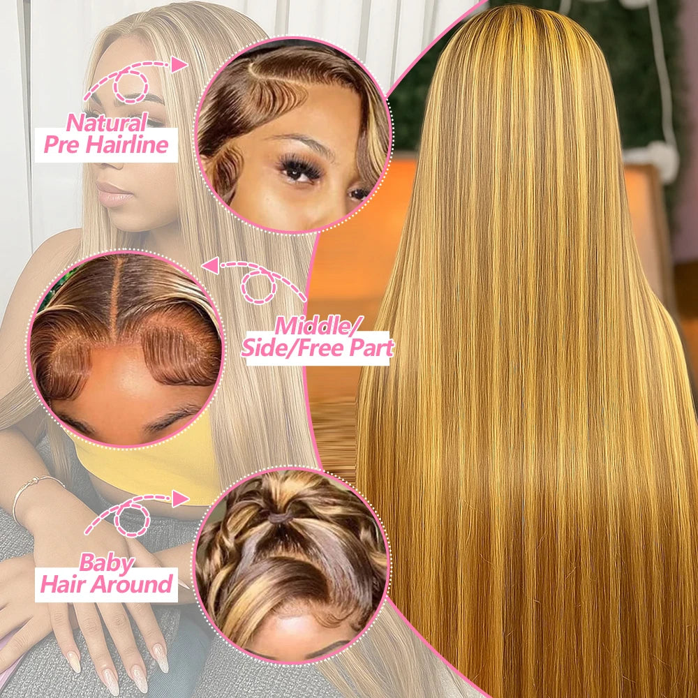 Highlight Bone Straight Ombre Honey Blonde HD Lace Front Human Hair Wig