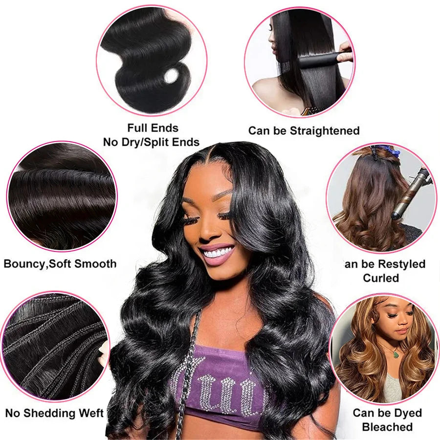 Body Wave Bundles 100% Human Hair Natural Black Brazilian Hair Extensions