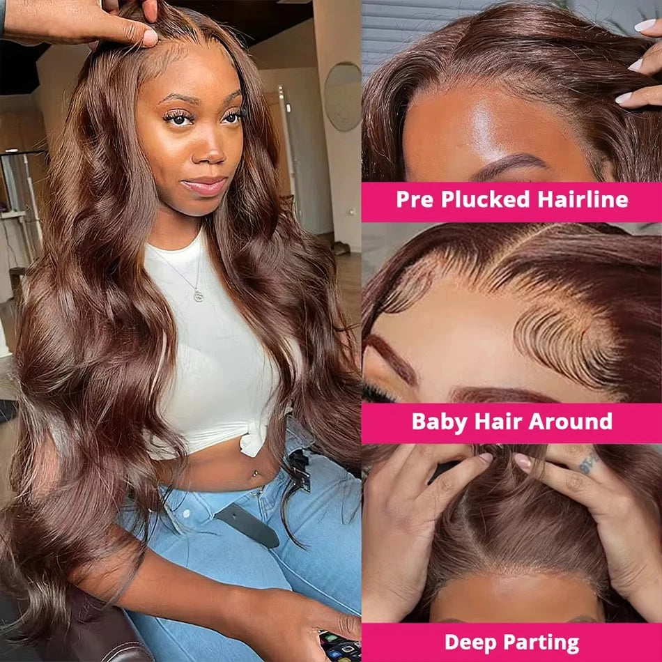 Chocolate Brown Body Wave Wig 100% Brazilian Human Hair HD Lace Front Pre Plucked