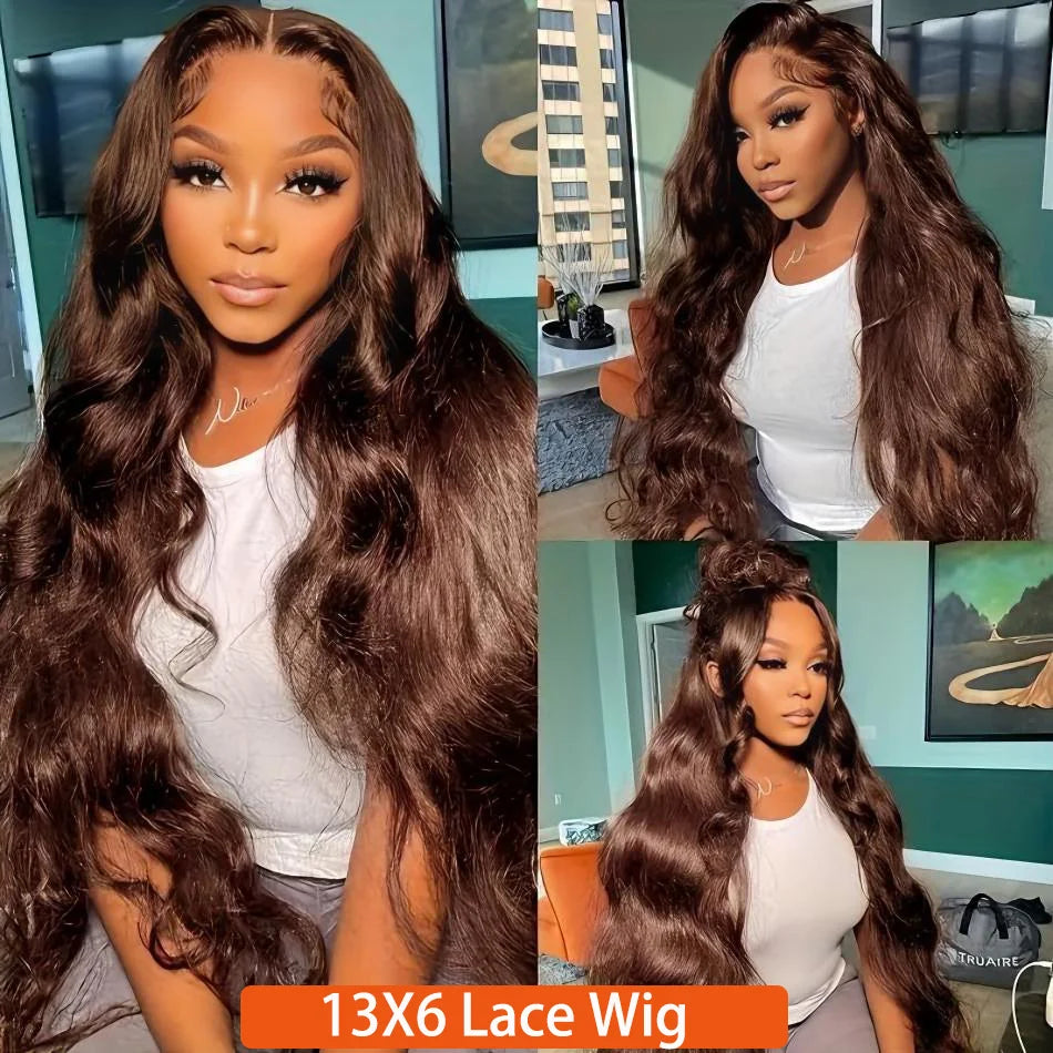 Chocolate Brown Body Wave Wig 100% Brazilian Human Hair HD Lace Front Pre Plucked