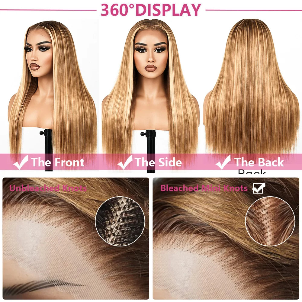 Highlight Bone Straight Ombre Honey Blonde HD Lace Front Human Hair Wig