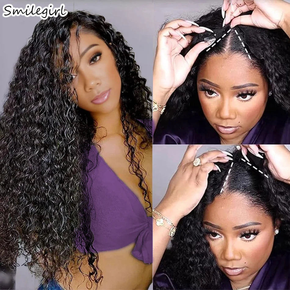 Curly V Part Wig 100% Brazilian Virgin Human Hair Glueless Natural Black