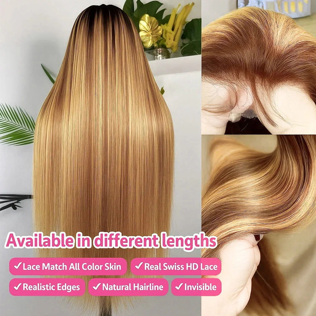 Highlight Bone Straight Ombre Honey Blonde HD Lace Front Human Hair Wig