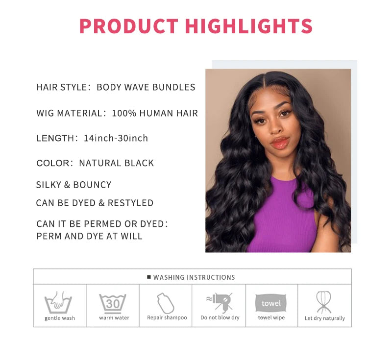 Body Wave Bundles 100% Human Hair Natural Black Brazilian Hair Extensions