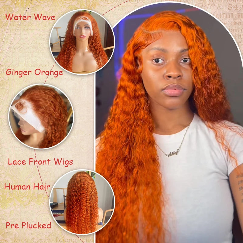 Ginger Water Wave Wig Soft Deep Curly 100% Human Hair HD Lace Front