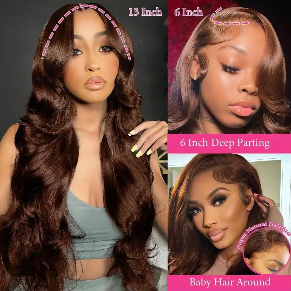 Chocolate Brown Body Wave Wig 100% Brazilian Human Hair HD Lace Front Pre Plucked