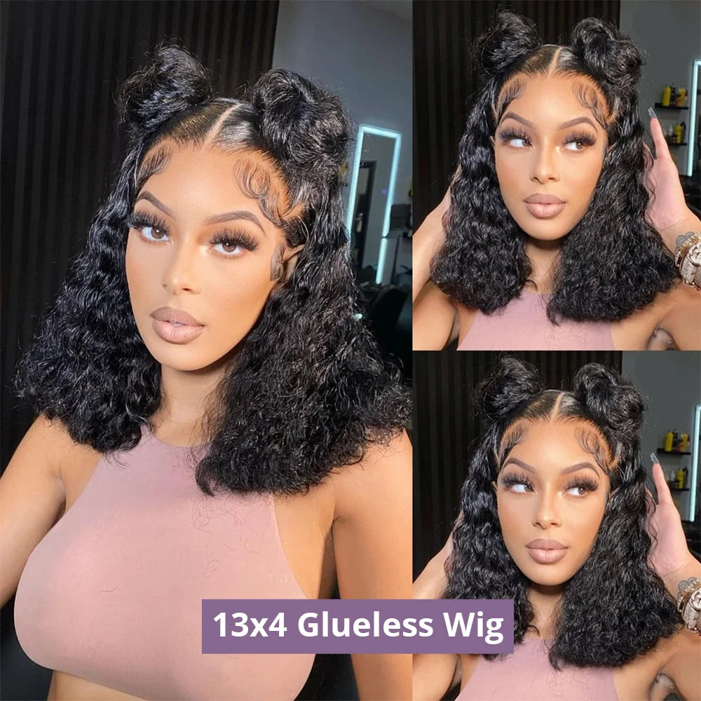 Deep Wave Glueless Bob Wig 100% Human Hair HD Lace Front Ready To Wear