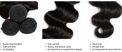 PerisModa Brazilian Body Wave Human Hair Bundles – 100% Virgin Hair Extensions | Natural Black (3/4 Bundle Deal, Up to 32 Inch)