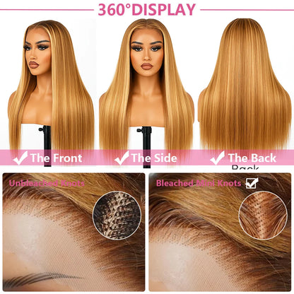 Highlight Bone Straight Ombre Honey Blonde HD Lace Front Human Hair Wig