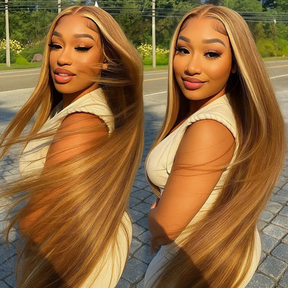 Highlight Bone Straight Ombre Honey Blonde HD Lace Front Human Hair Wig