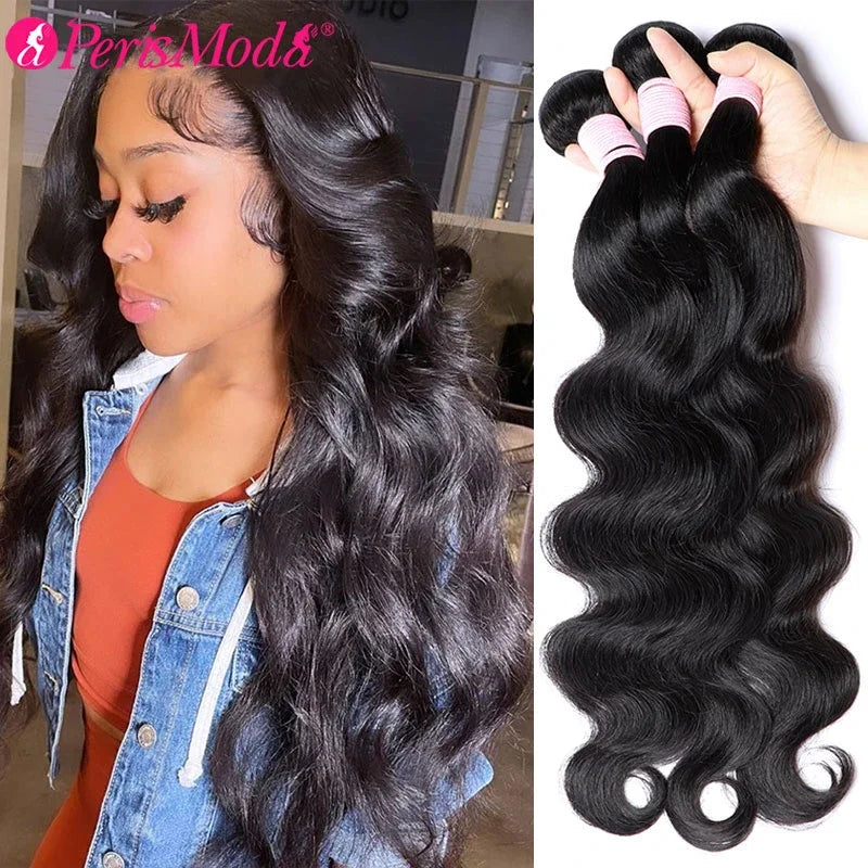 PerisModa Brazilian Body Wave Human Hair Bundles – 100% Virgin Hair Extensions | Natural Black (3/4 Bundle Deal, Up to 32 Inch)