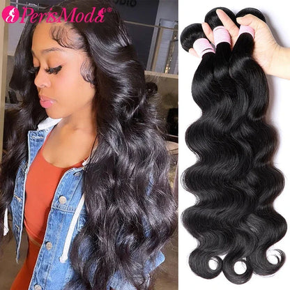 PerisModa Brazilian Body Wave Human Hair Bundles – 100% Virgin Hair Extensions | Natural Black (3/4 Bundle Deal, Up to 32 Inch)