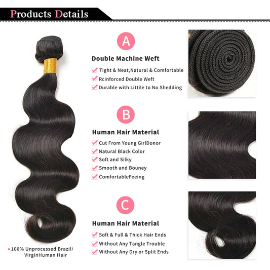 Body Wave Bundles 100% Human Hair Natural Black Brazilian Hair Extensions