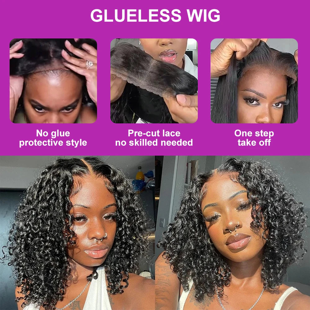 Deep Wave Glueless Bob Wig 100% Human Hair HD Lace Front Ready To Wear