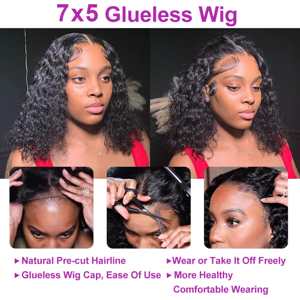 Deep Wave Glueless Bob Wig 100% Human Hair HD Lace Front Ready To Wear