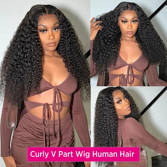 Curly V Part Wig 100% Brazilian Virgin Human Hair Glueless Natural Black