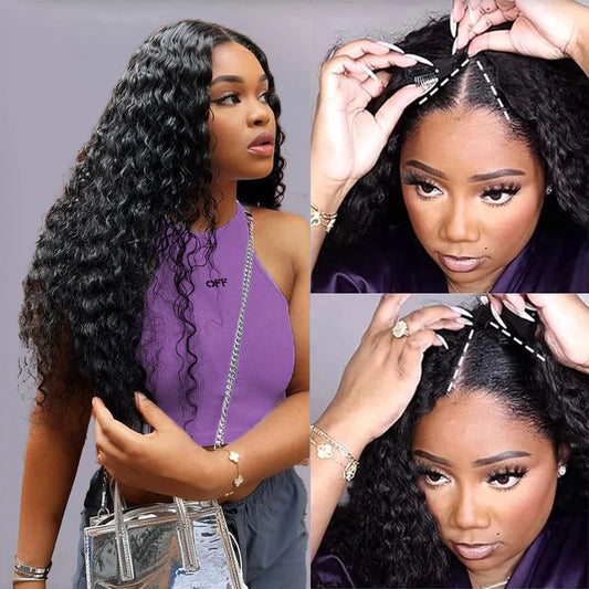 Curly V Part Wig 100% Brazilian Virgin Human Hair Glueless Natural Black