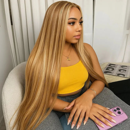 Highlight Bone Straight Ombre Honey Blonde HD Lace Front Human Hair Wig