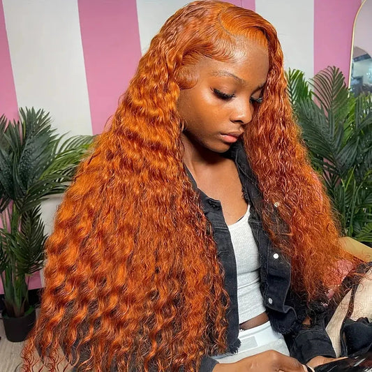 Ginger Orange Deep Wave Wig 100% Brazilian Human Hair HD Lace Front Curly Style