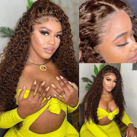 Chocolate Brown Curly Wig 100% Human Hair HD Lace Front Glueless Pre Plucked