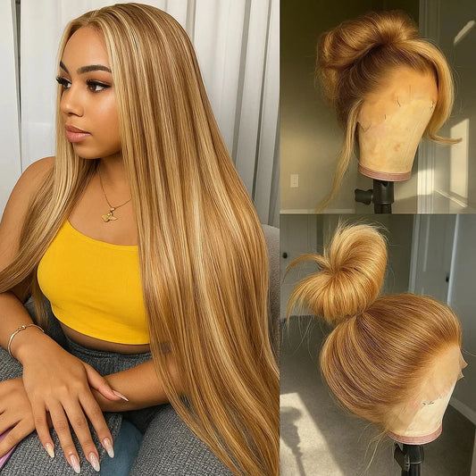 Highlight Bone Straight Ombre Honey Blonde HD Lace Front Human Hair Wig